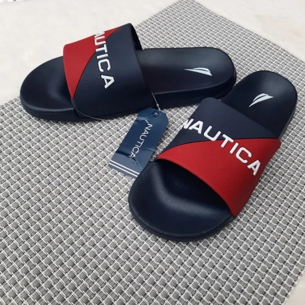 Nautica Stono 4 Spellout Logo Color Block Pool Slides Sandal Vacation 4 NEW  You